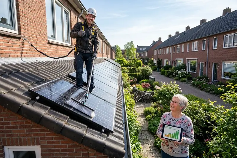 Reiniger met telescoopborstel op een dak vol glanzende zonnepanelen in de ochtendzon, terwijl de bewoner beneden tevreden toekijkt