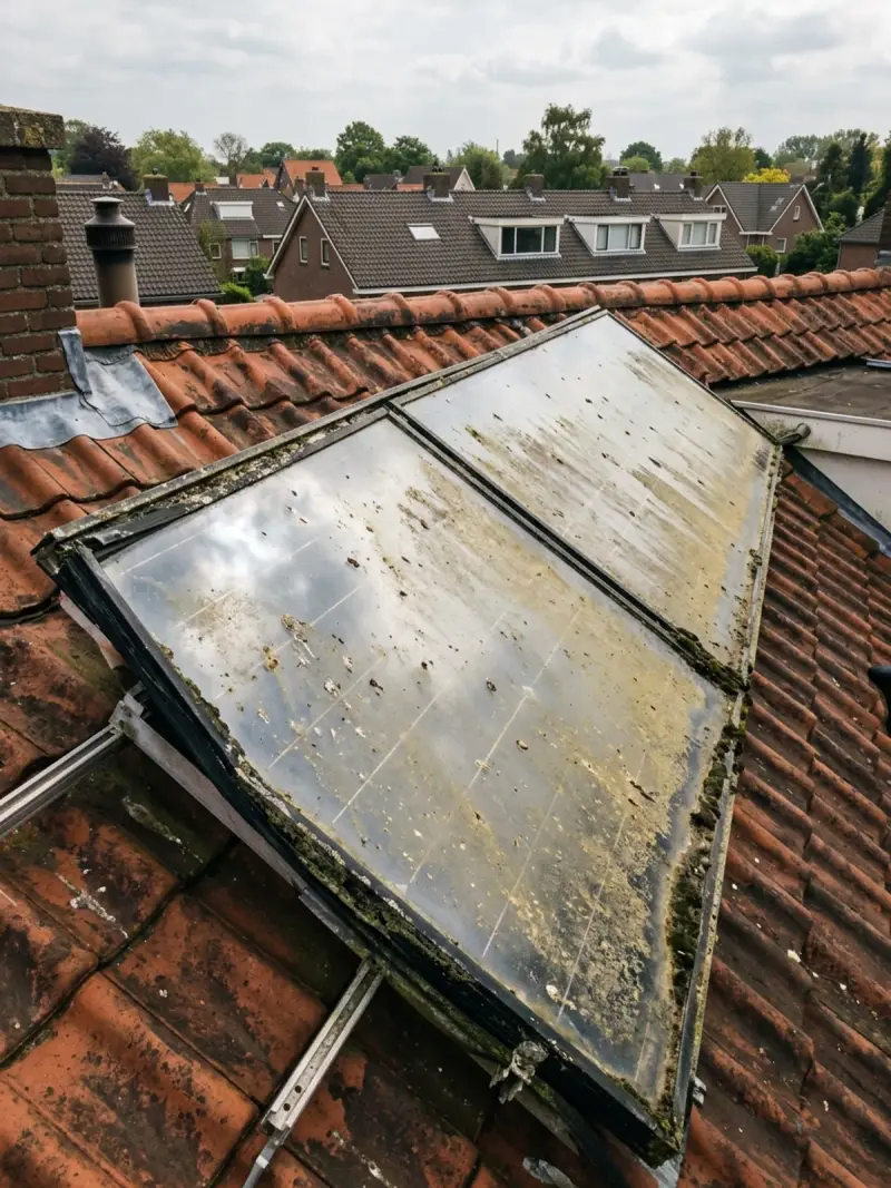 Zonnepanelen dof beslagen met stof, pollen en vogelpoep