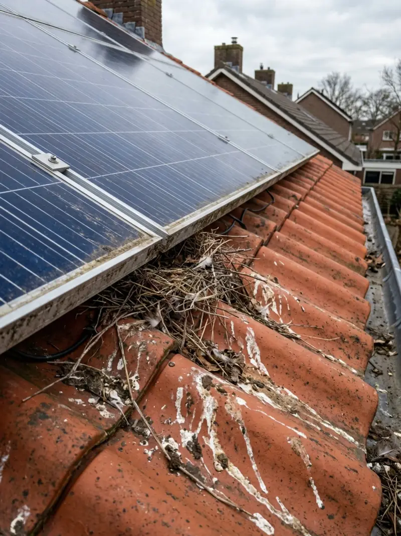Duivennest en takken onder de rand van een zonnepaneel